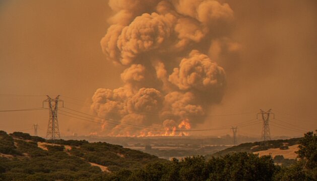 A massive wildfire rages in the distance, sending thick billows of smoke into the sky, framed by high-voltage electrical transmission towers in the foreground.