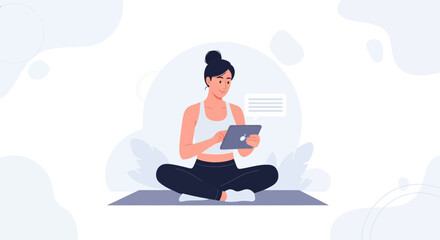Obraz premium Woman in Yoga Pose Using Tablet for Online Class or Meditation App, Flat Design Illustration