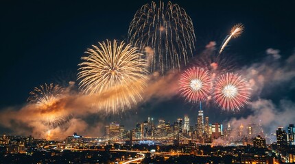 Spectacular Fireworks Exploding over Illuminated City Skyline at Night, New Year Celebration and National Holiday Festival Concept for Event Promotion and Media Production