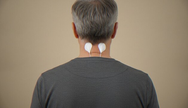 A rear view of a man with two white electrode pads attached to his neck for transcutaneous electrical nerve stimulation therapy to relieve pain.