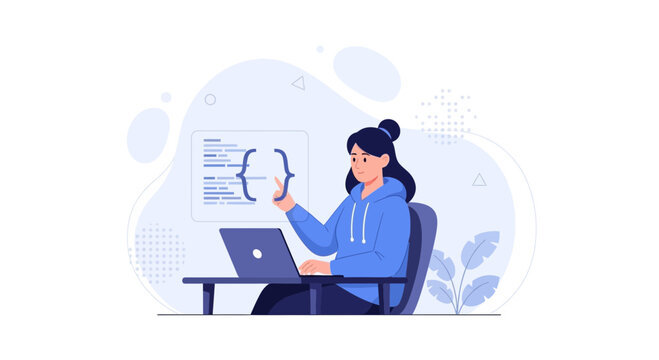 Woman Programmer Coding on Laptop, Female Developer Working with Code and Brackets, Software Engineering Concept