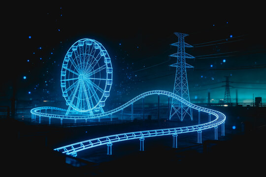 A futuristic wireframe-style neon amusement park set against a dark starry night landscape with power towers.
