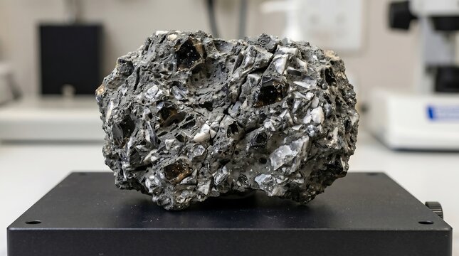 Photorealistic lunar breccia rock containing impact-generated glass fragments and sharp mineral shards, scientific specimen photography, ultra detailed surface