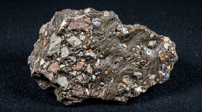 Rock formed from catastrophic asteroid collision, frozen melt textures and metallic inclusions, realistic space geology specimen