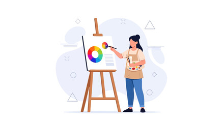Fototapeta premium Artist painting on easel with color wheel and palette, flat illustration style
