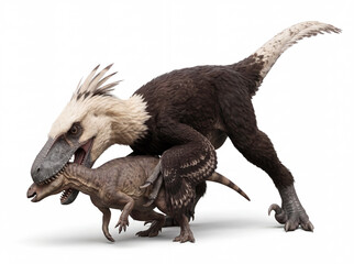 Fototapeta premium Utahraptor ostrommaysorum catching prey with its powerful sickle claws and jaws, displaying dynamic predatory behavior and accurate feathered anatomy in a detailed scientific paleontological 
