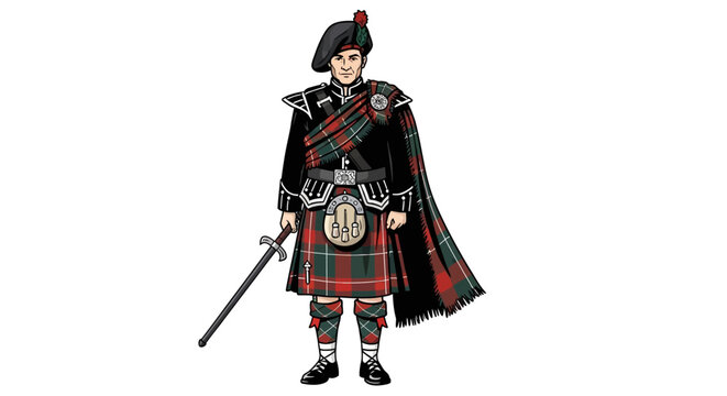 Scottish warrior in traditional kilt and cape with sword