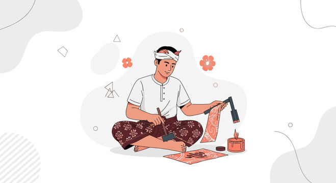 Balinese Batik Artisan Crafting Traditional Fabric with Wax and Tools in Flat Design Style