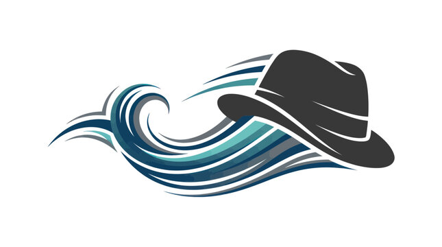 Fedora hat riding on a dynamic blue wind or water wave