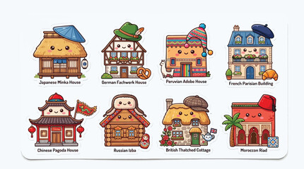 Naklejka premium Set of cute cartoon traditional houses from different countries around the world.