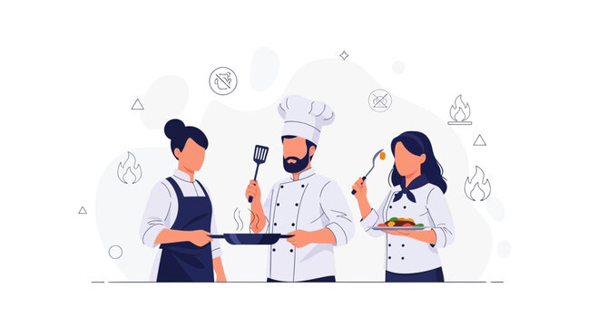 Diverse Team of Chefs Cooking Together, Professional Culinary Team in Action, Restaurant Kitchen Staff Preparing Food