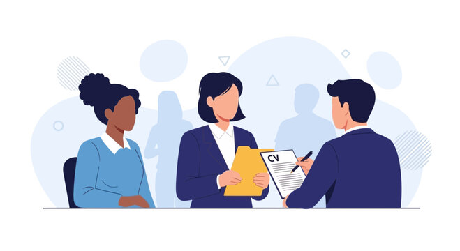 Diverse Job Interview: Candidates and Recruiters Discussing CVs, Modern Flat Illustration for Business and HR Concepts