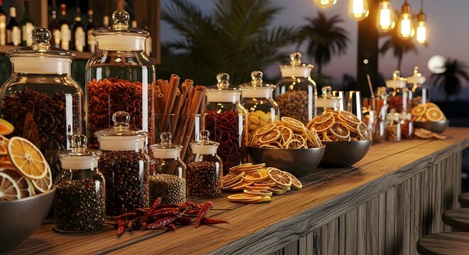 Luxury Spa and Wellness Display with Aromatic Ingredients, Dried Citrus, Spices, and Glass Apothecary Jars at Golden Hour with Palm Trees, isolated on clean background