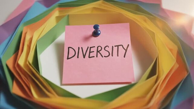 Creative Arrangement of Colorful Paper Shapes Highlighting the Concept of Diversity and Inclusion with Handwritten Text