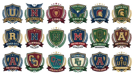 College and university varsity sports emblems and crests set © Keset