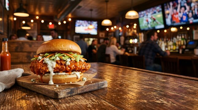 Buffalo chicken sandwich served on a wooden board in a blurred pub bar