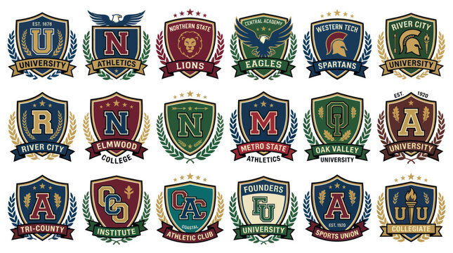 College and university varsity sports emblems and crests set