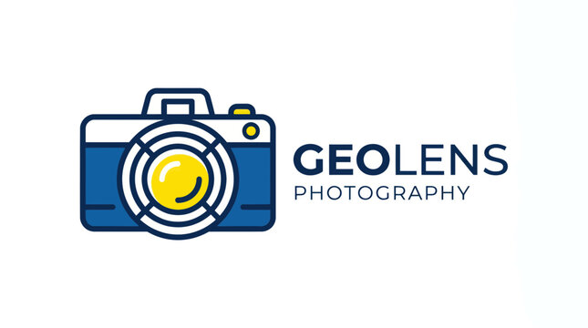 Modern photography logo featuring a blue and yellow camera icon