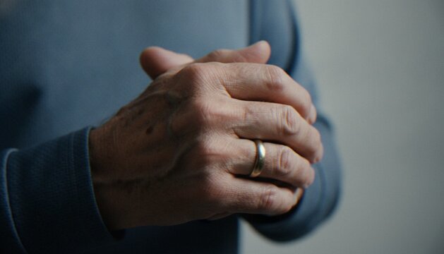 A close-up shot of an older man's clasped hands, wearing a gold wedding band, symbolizing devotion, companionship, and aging.