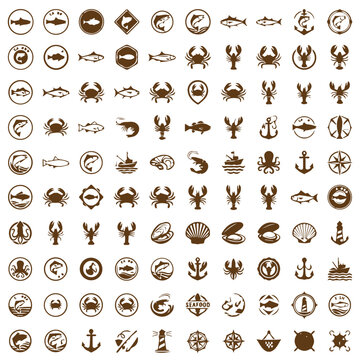 Seafood and marine life icon set with shellfish nautical lighthouse maritime