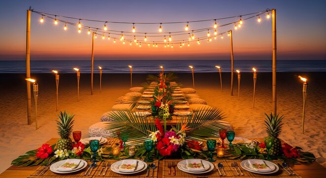 Elegant beachside dinner setup at golden sunset with string lights, tropical flowers, and ocean backdrop perfect for weddings and special events
