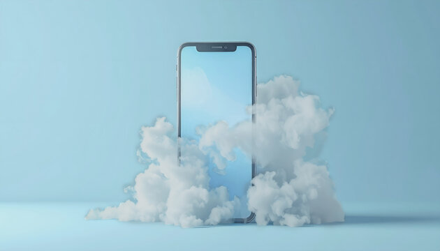 Cloud Based Invisible Payment Concept with Smartphone and Soft Smoke on Blue Background