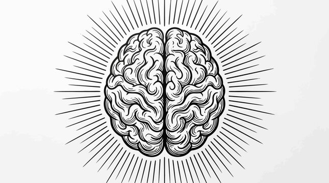 Anatomical brain top view with radiating light lines.