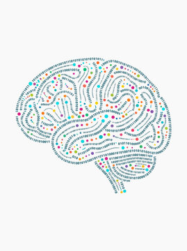 A colorful brain made of binary code and data