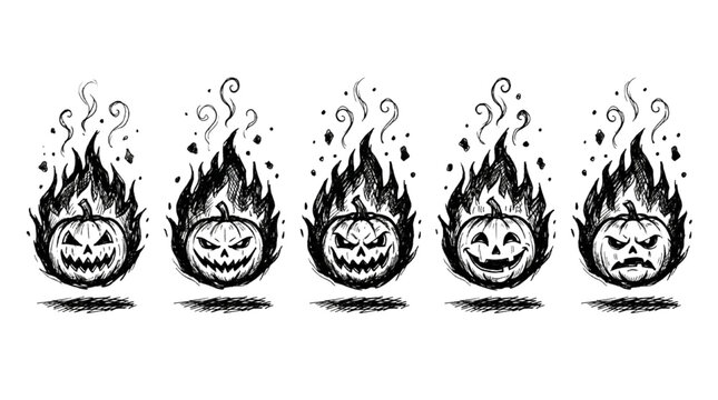 Set of Five Sketch Style Halloween Pumpkins Engulfed in Flickering Fire and Smoke Effects