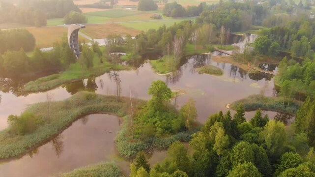 Aerial drone footage captures the unique natural landscape of the Kirkilai Nature Reserve in Biržai Regional Park, Lithuania.