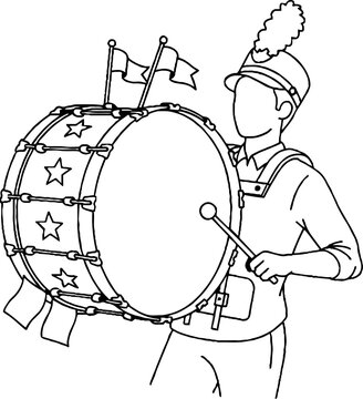 Marching band drummer playing large bass drum with flags.