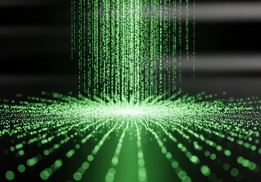 Abstract green digital rain of binary code falling from above, creating a bright light on a dark reflective surface