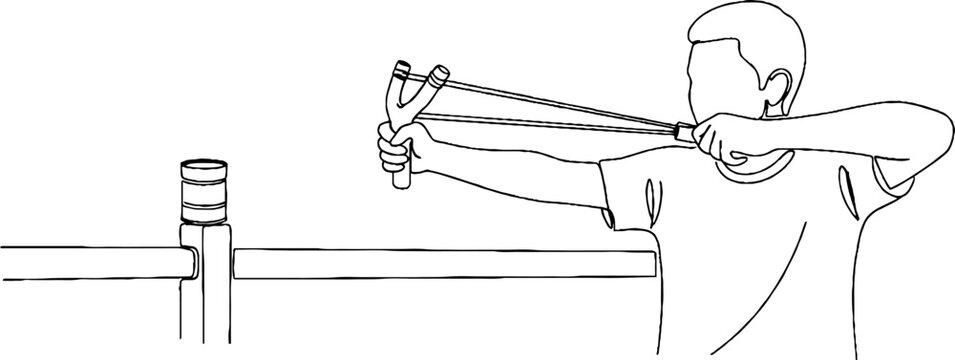 Man using slingshot for target practice outdoors.