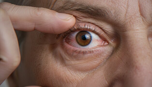 Close-up of a person's eye with visible bloodshot vessels, showing symptoms of irritation, inflammation, or conjunctivitis.