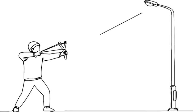 Worker using crossbow to shoot at streetlight.