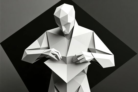Origami Person, A human figure folding and unfolding like paper origami. Geometric art style.