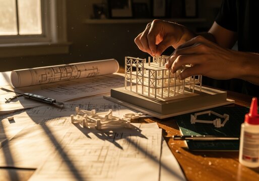 Architectural model construction with blueprints and tools illuminated by warm sunlight