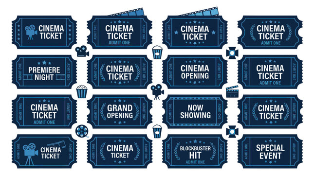 Set of blue movie theater tickets and cinema icons
