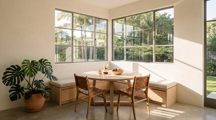 Fototapeta premium Bright and airy contemporary dining space with panoramic garden views, featuring a wooden table and comfortable bench seating under abundant sunlight