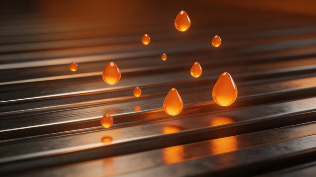 Orange liquid droplets on metallic surface highlighting geometric patterns and contemporary art