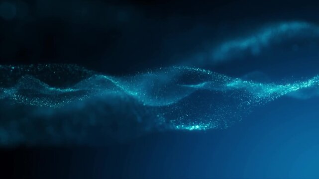 Abstract Flow of Light Particles: A captivating abstract digital art piece features a mesmerizing flow of tiny blue light particles, creating luminous waves and ethereal patterns against a dark.