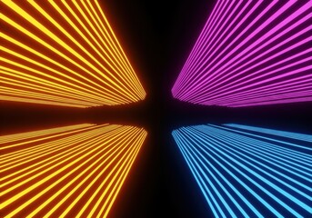 Fototapeta premium Abstract glowing neon lines in orange, pink, and blue converge towards a central point on a dark reflective surface, creating a futuristic tunnel effect