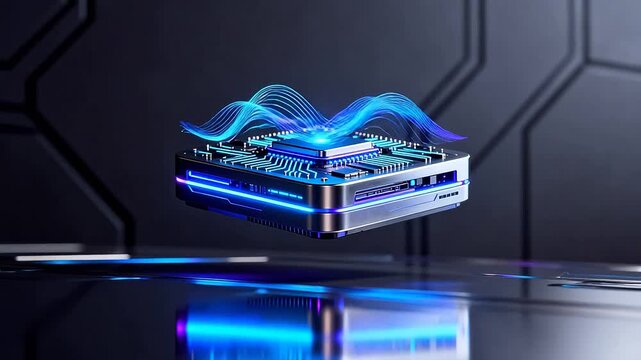 Floating futuristic circuit board with glowing waves