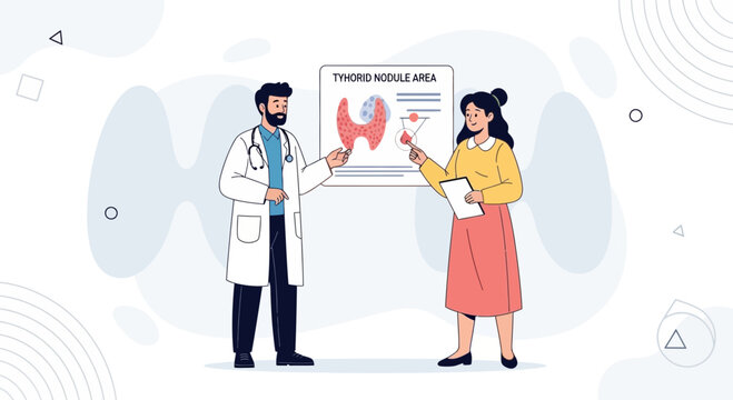 Doctor explaining thyroid nodule area to patient with diagram
