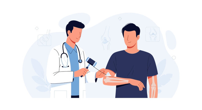 Doctor examining patient's reflex with a reflex hammer, medical checkup, illustration of healthcare and diagnosis