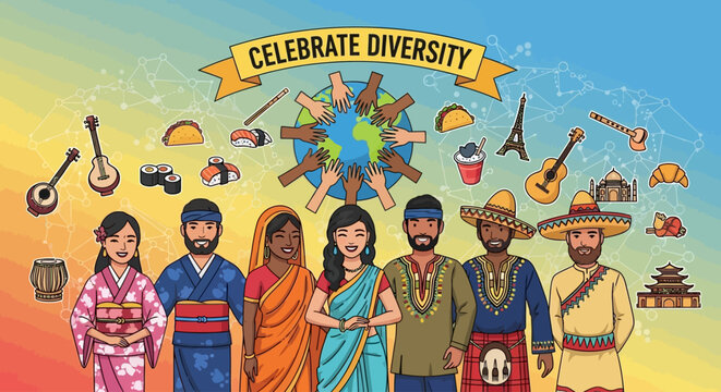 Diverse people celebrating cultural differences and global unity