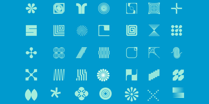 Bold minimalist flat vector element collection. Thirty diverse hand drawn geometric shapes, abstract lifestyle objects, and organic botanical icons set on isolated background for modern graphic design