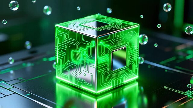 Glowing green circuit cube with bubbles