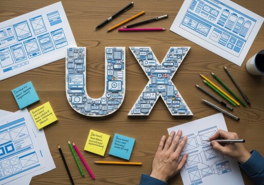 Ux design process with wireframes, sticky notes, and pencils on a wooden desk, top view