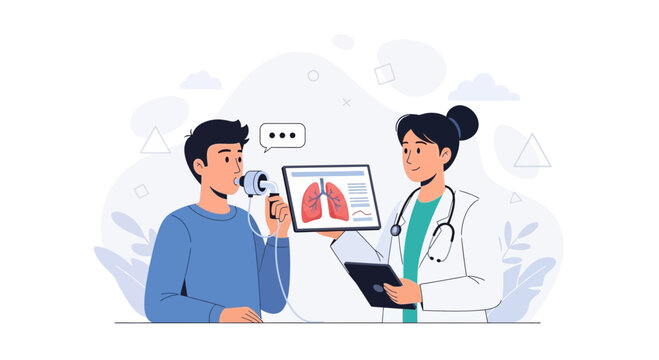 Doctor performs lung function test on patient using spirometry equipment, medical consultation, healthcare concept